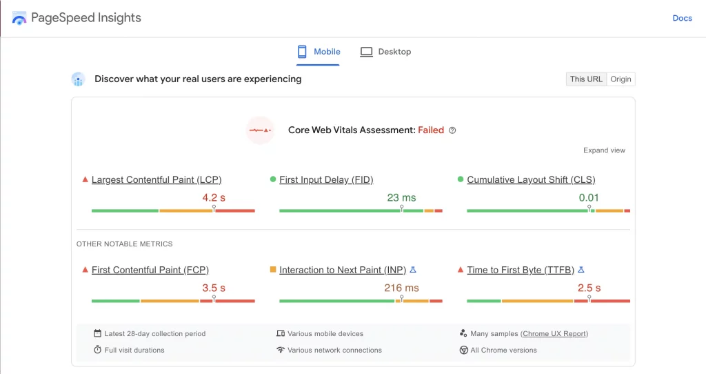 Core Web Vitals by Page Speed Insight Test