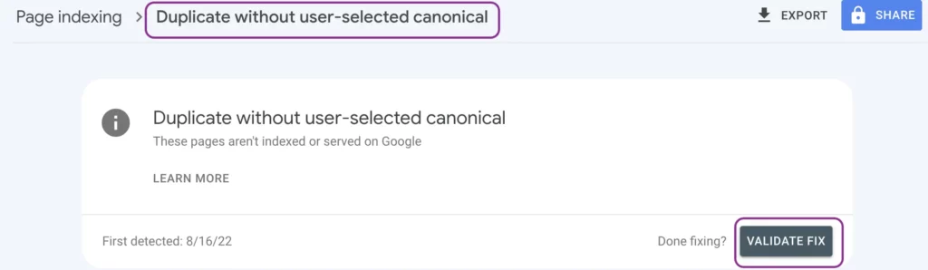 Duplicate without user-selected canonical - Validate Fix