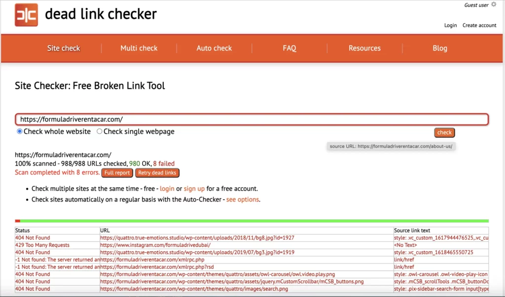404 Pages using Dead Link Checker