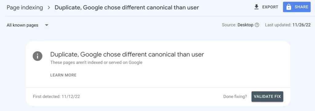 Duplicate, Google Chose Different Canonical Than User (1)